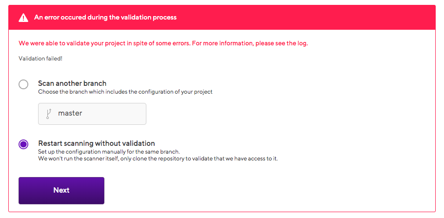 An image with caption: Screenshot of Restart scanning without validation.