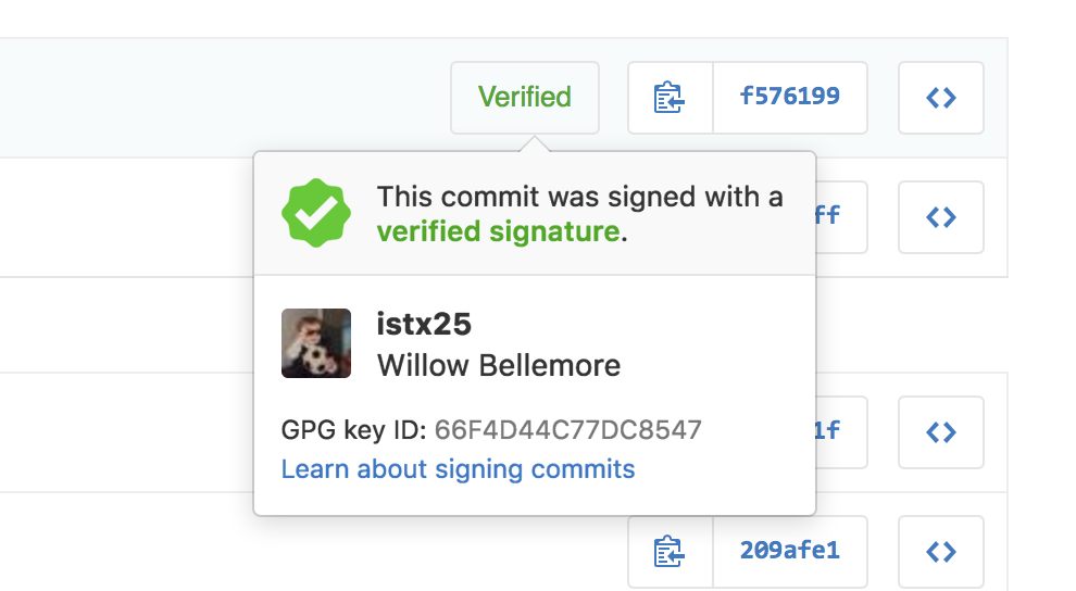 An image with caption: What a verified commit looks like