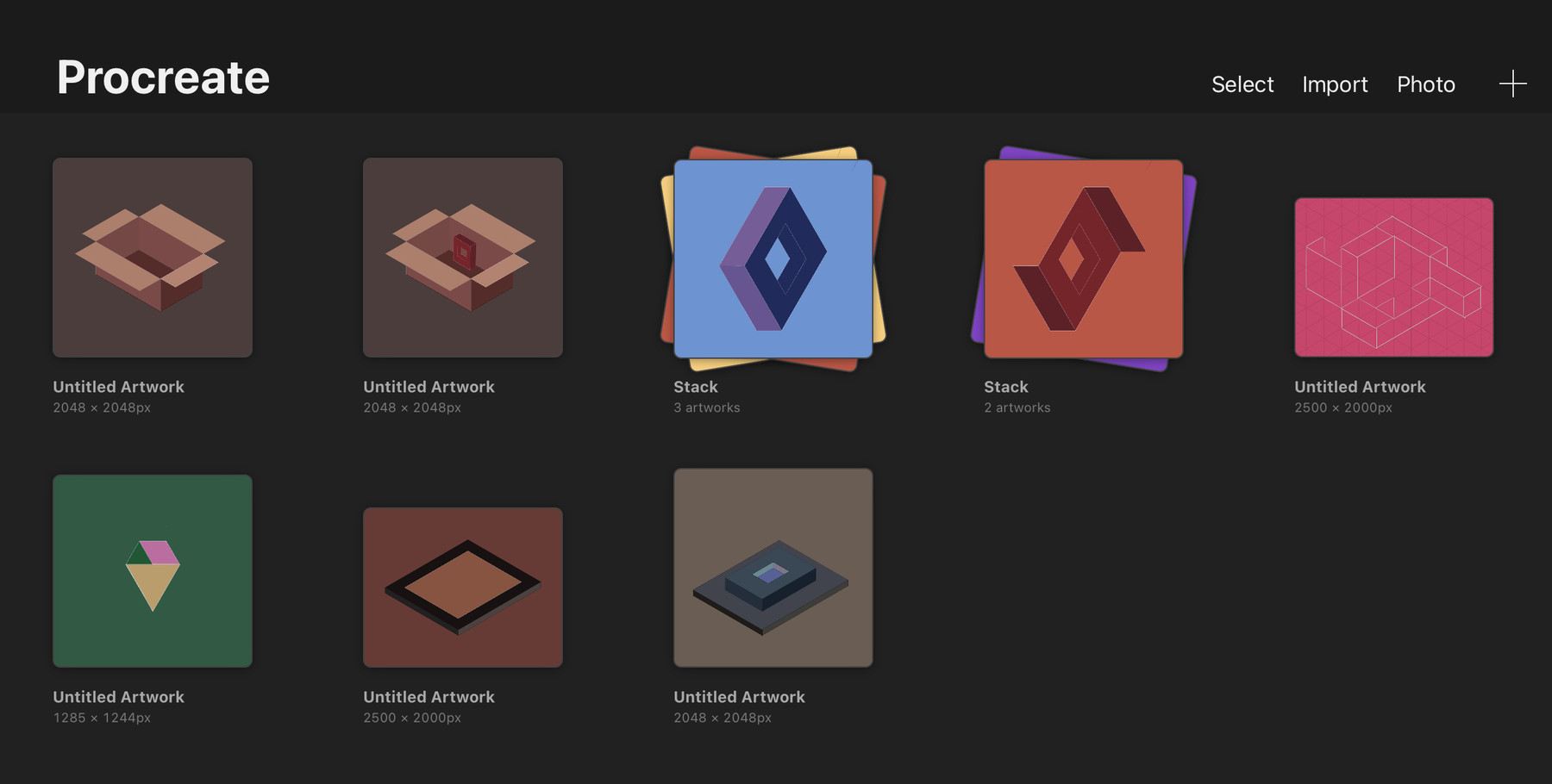 An image with caption: Screenshot of Procreate’s Gallery view of art I created this month. 